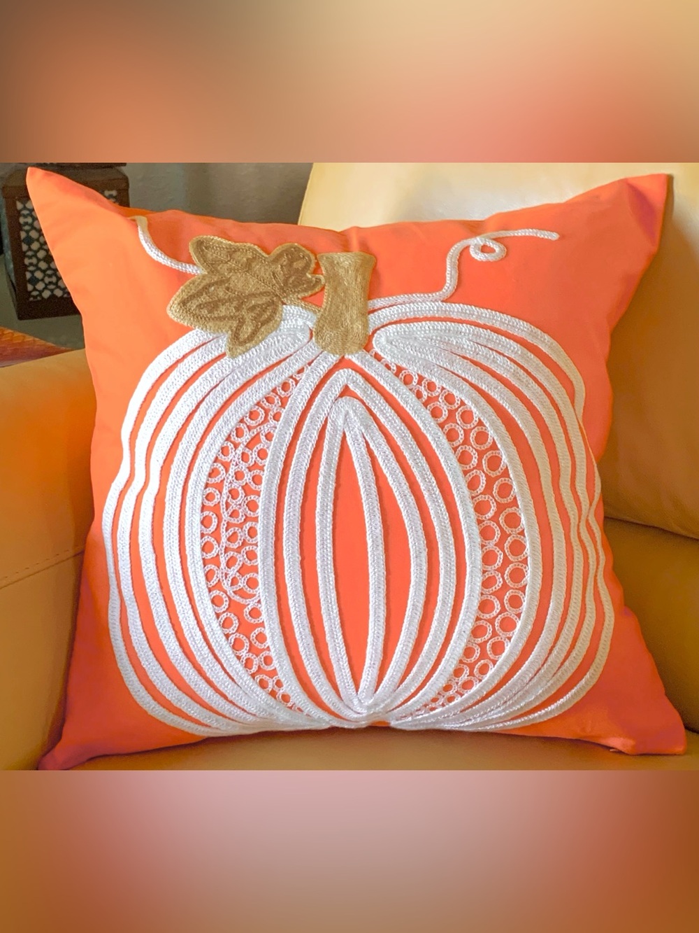 18" Elegant Autumn Fall Embroidered Off-White Pumpkin Orange Pillow Cover New